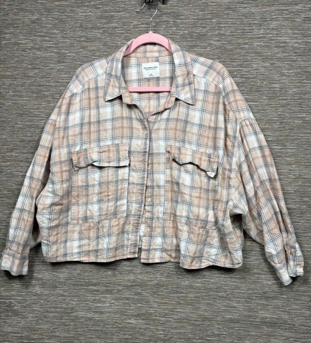 Abercrombie & Fitch Button Up Cropped Shirt Womens XL Multicolor Plaid Oversized